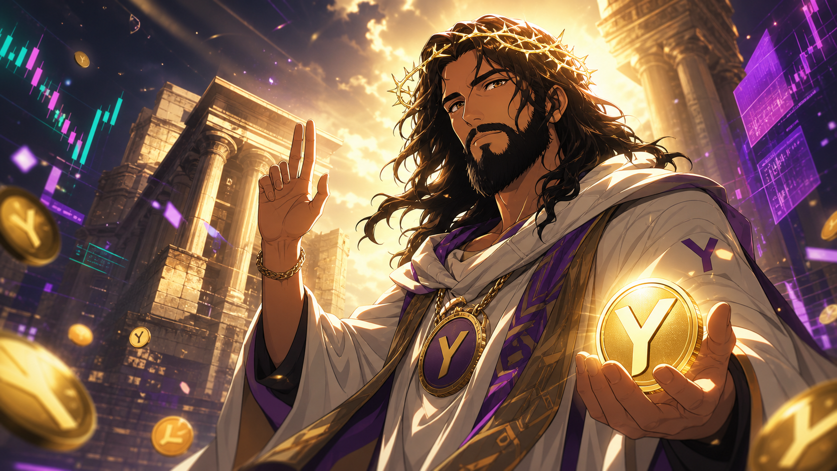 Anime Yisus holding a glowing coin in a sacred crypto temple