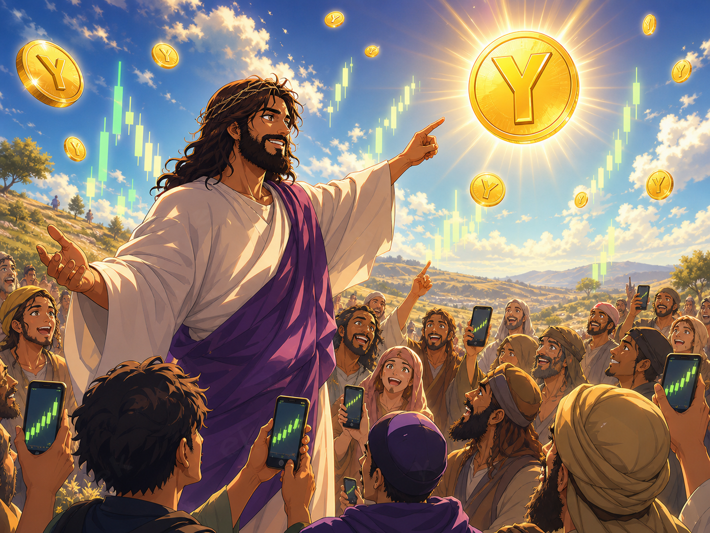 Anime Yisus preaching to excited crypto followers holding green candle charts