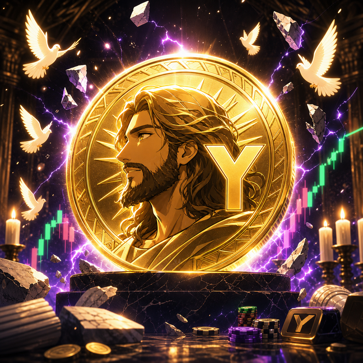Glowing gold YISUS coin with sacred anime profile